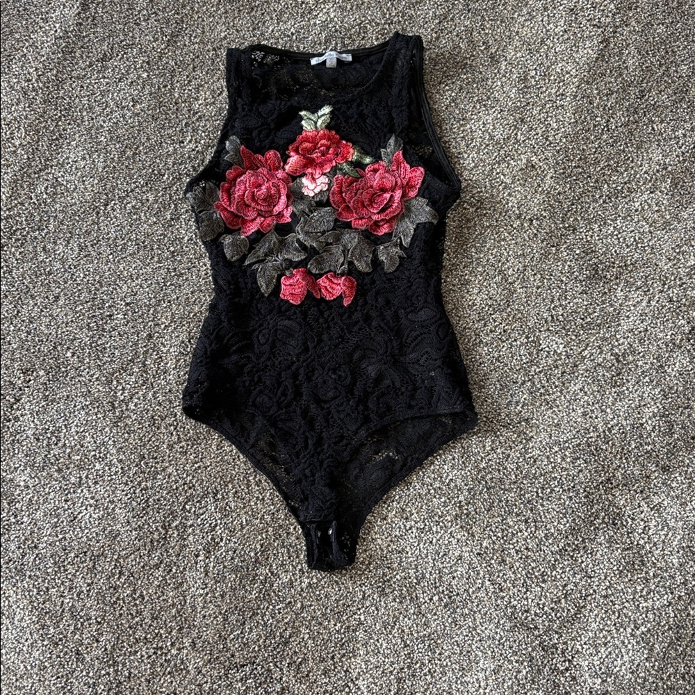 Charlotte Russe Black Lace Bodysuit with Floral Detail